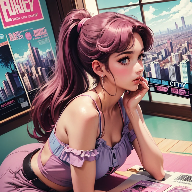 (80's, Retro City Pop Poster:1.5), (Album cover), (masterpiece, Best Quality), (anime, figure), (Pastel colors:1.4), Best photo poses, Dynamic Angle, Studying in the room, dark pink hair, ponytail,  Side cut, Alone, A perfect eye for detail, Delicate face, High Fashion,