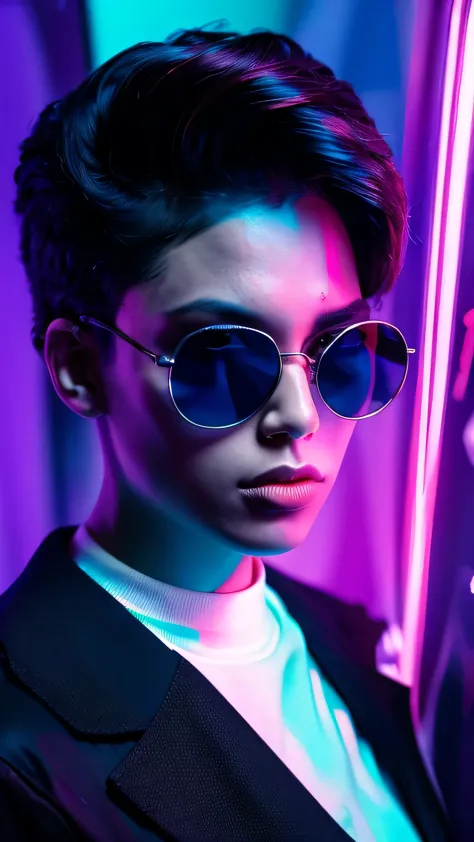 color,color, color, one, 1 man, sunglasses, tinted glasses, , hologram, black hair , cyberpunk, portrait,