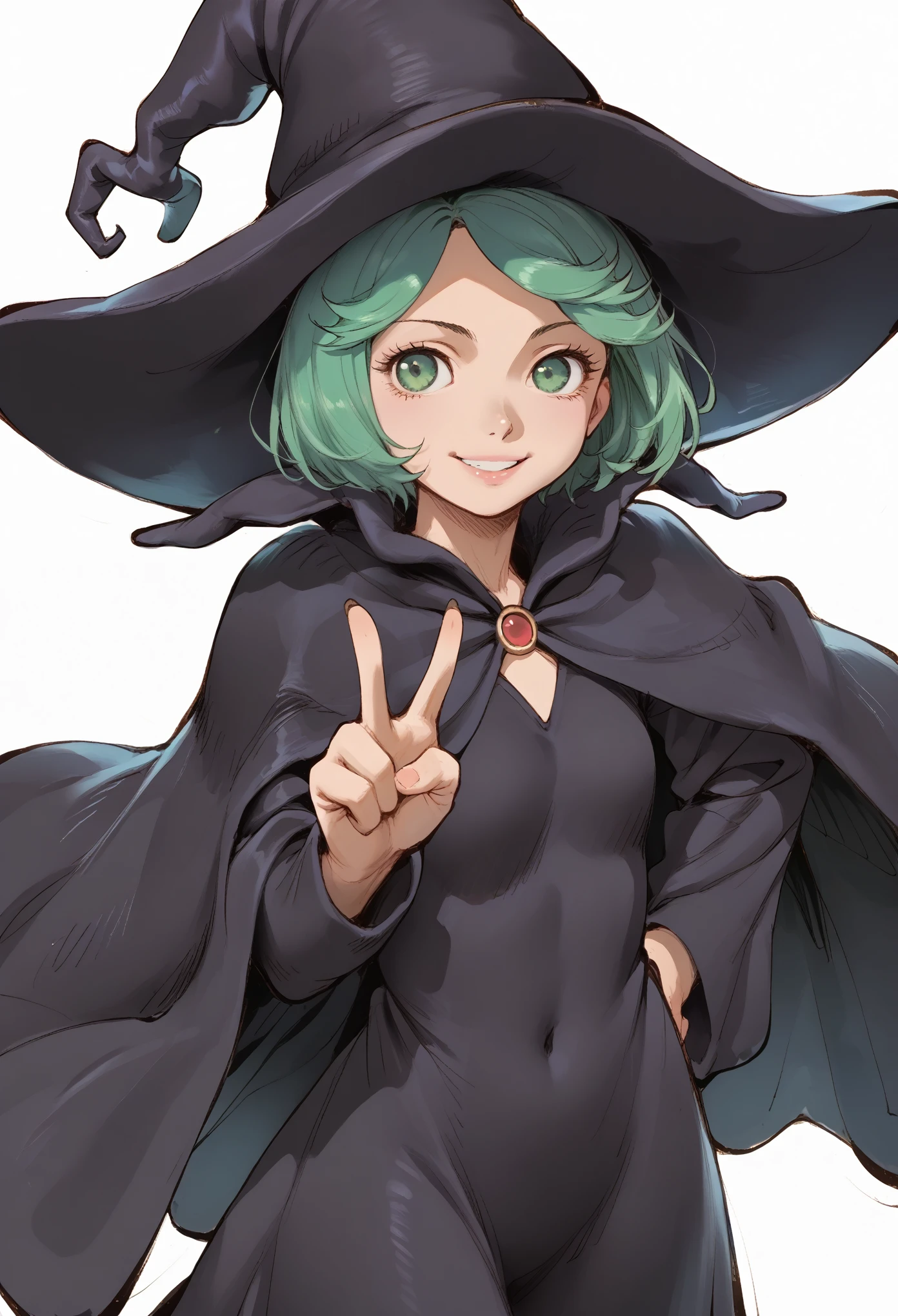 score_9, score_8_up, score_7_up, source_anime BREAK, 1girl, solo, white background, schierke, bob cut, green hair, green eyes, witch, witch hat, cloak, cowboy shot, smile, v,from above,
