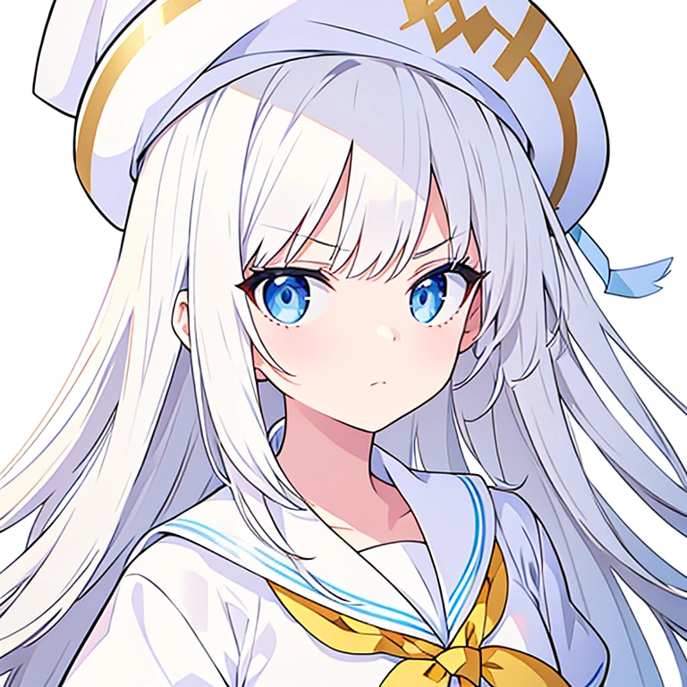 Serious face、Pure white background、White hat with gold decoration、Long white hair、Sailor&#39;White uniform