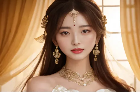 close-up of a woman wearing a white dress and a gold necklace, a beautiful fantasy queen, beautiful chinese model, inspired by h...