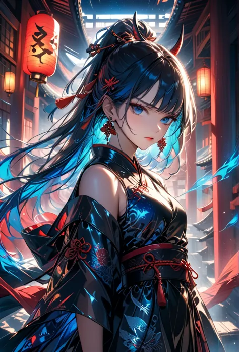 portrait of a mysterious woman wearing black dress with a red oni tengu mask: a cool woman with high ponytail in a black outfit....