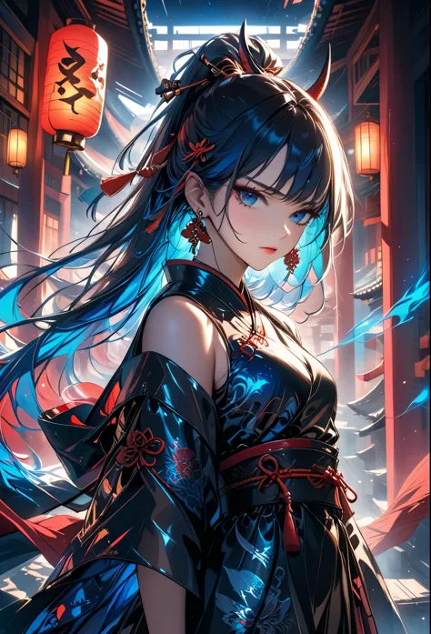 portrait of a mysterious woman wearing black dress with a red oni tengu mask: a cool woman with high ponytail in a black outfit....