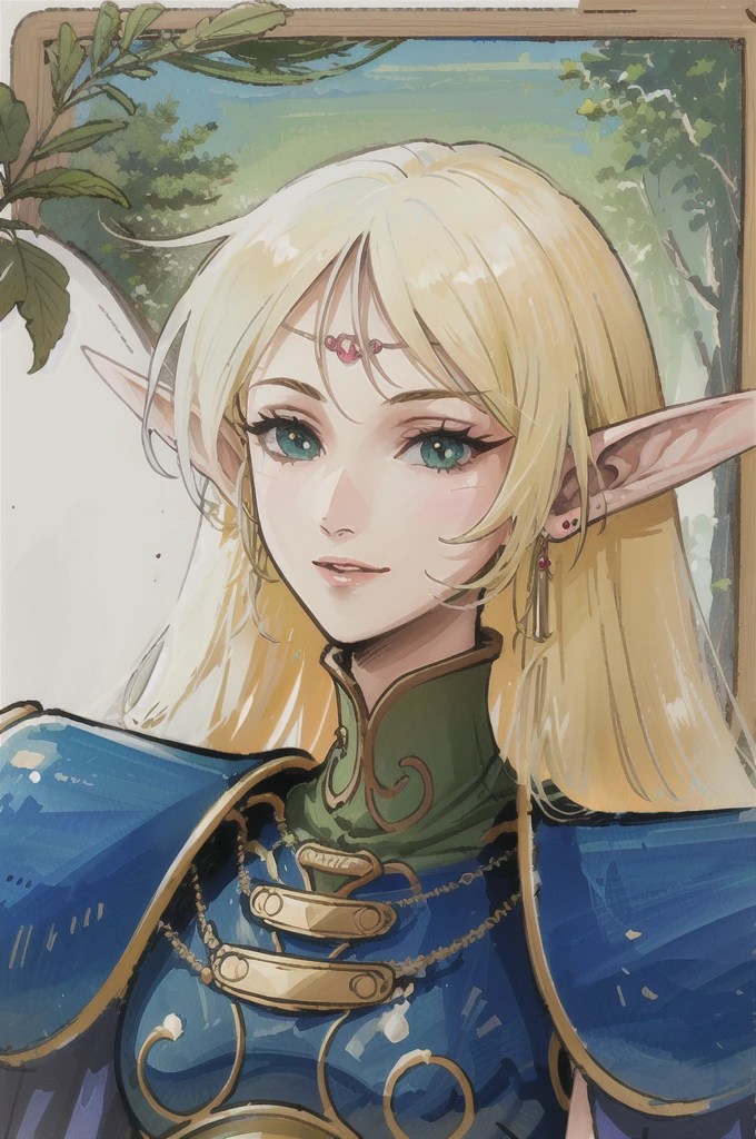 (masterpiece, Best Quality, Very detailed:1.5) , ((portrait, top)),Deedlit, Pointy Ears, Blonde, Long Hair, Elf, Circlet, Green Eyes, long Pointy Ears, very Long Hair, chest, medium chest, Earrings, lips, compensate, bangs, Cape, armor, blue Cape, shoulder armor, Pauldron, gloves, Breastplate, belt, Green Dress, Short dress,