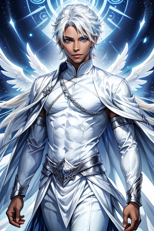 Young black-skinned adult, blue eyes and white hair. Dressed in white along with an angelic aura 