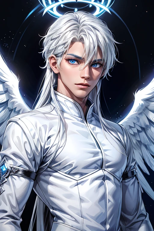 Young black-skinned adult, blue eyes and white hair. Dressed in white along with an angelic aura 