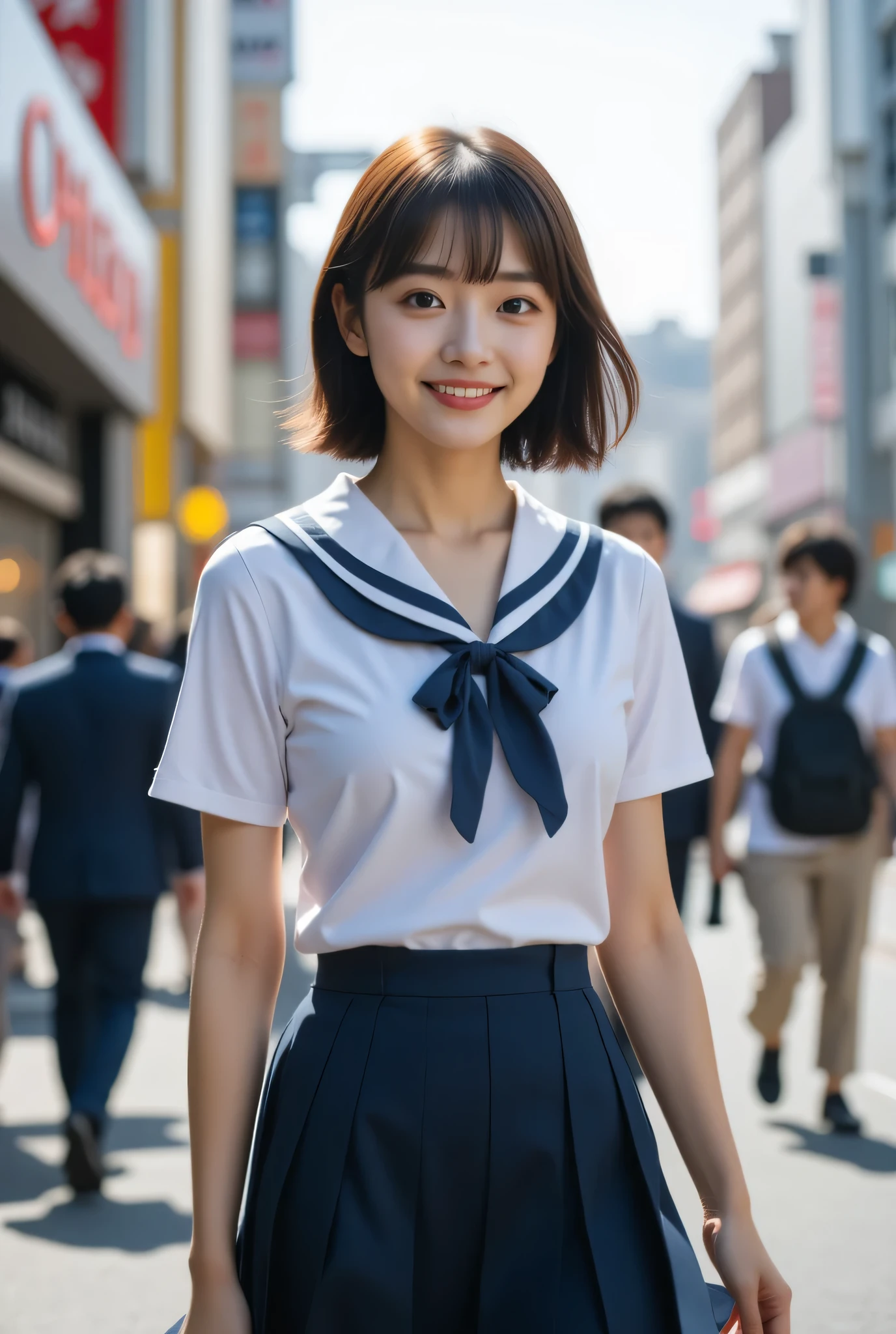 (masterpiece, best quality), 1girl, solo, Young Japanese girl, Beautiful girl, Super cute face like an idol, Big eyes with double eyelids, short hair, Bangs, (school uniform, tight shirt, pleated skirt), Smiling face, Walking in the fashionable streets of Shibuya, Tokyo, Real photo,