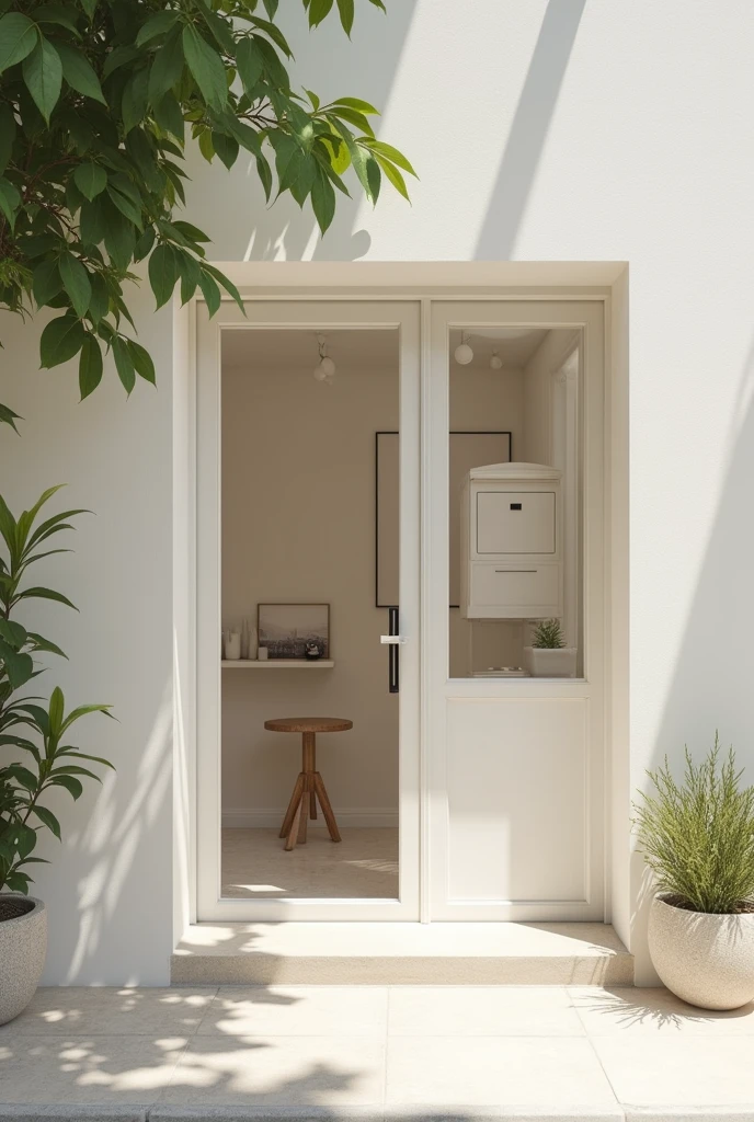 Photograph of a quaint office with a postal box in focus. It has high-resolution, minimalist design featuring modern architecture and interior. Outside has a neutral color palette with soft shadows, set against a bright white background. Sunlight filters through leaves, creating a dappled light effect. The overall aesthetic is clean, sophisticated, and contemporary, emphasizing elegant simplicity and a cozy, refined atmosphere. The use of natural materials contributes to a balanced composition and a serene, stylish, uncluttered setting, ideal for artistic architecture and interior design and visual harmony in a relaxed environment.