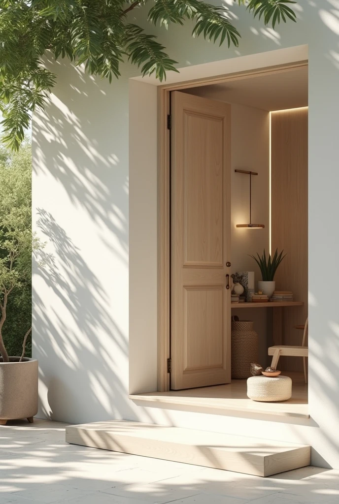 Photograph of a quaint office with a postal box in focus. It has high-resolution, minimalist design featuring modern architecture and interior. Outside has a neutral color palette with soft shadows, set against a bright white background. Sunlight filters through leaves, creating a dappled light effect. The overall aesthetic is clean, sophisticated, and contemporary, emphasizing elegant simplicity and a cozy, refined atmosphere. The use of natural materials contributes to a balanced composition and a serene, stylish, uncluttered setting, ideal for artistic architecture and interior design and visual harmony in a relaxed environment.