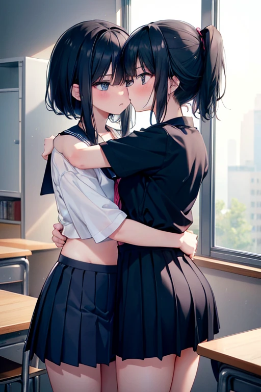 (8K、Highest image quality、highest quality、masterpiece)、detailed face、two girls))、black hair、short hair、long hair、ponytail、blue eyes、blush、Moderate chest、serafuku、mini skirt、cowboy shot、hug each other、Kiss、((pose peeping))、Taken from the side、((look away))、classroom background、((nsfw))
