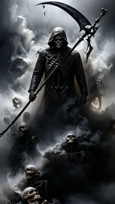 detailed, realistic, digital painting, 8k, fog forming the figure of a grim reaper with scythe, a reaper rising from smoke, skel...