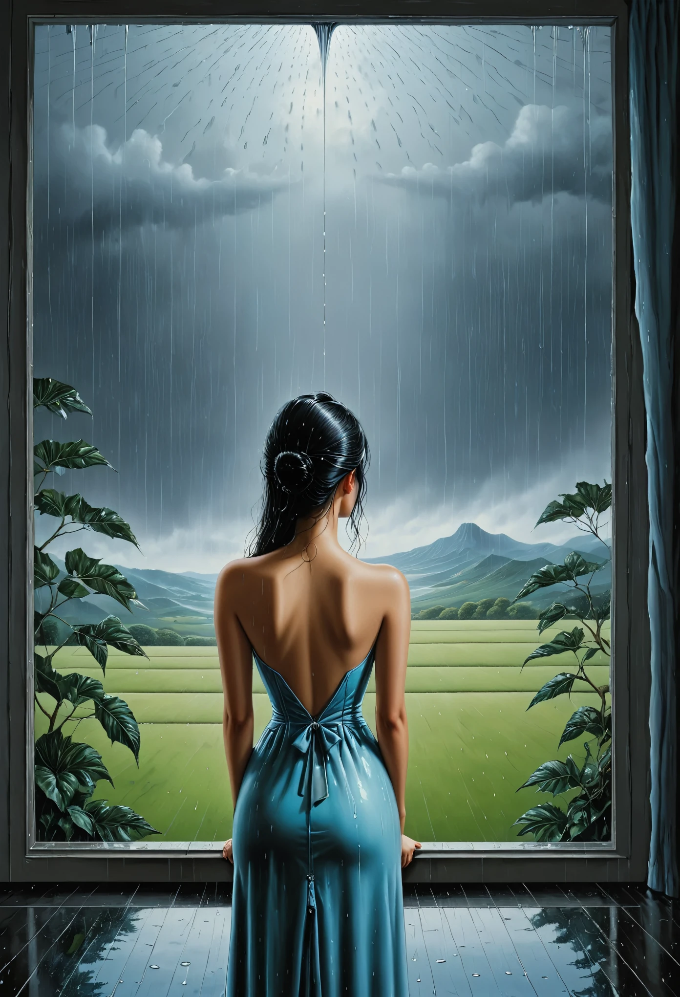 back view lady watching trought the windown the rain - - surrealist style, surrealist artwrok, dream like, highly detailed, masterpiece, painting-like, HD