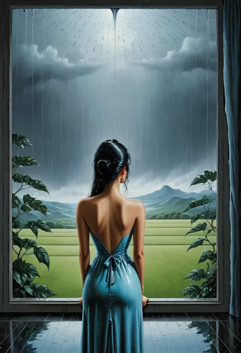 back view lady watching trought the windown the rain - - surrealist style, surrealist artwrok, dream like, highly detailed, mast...