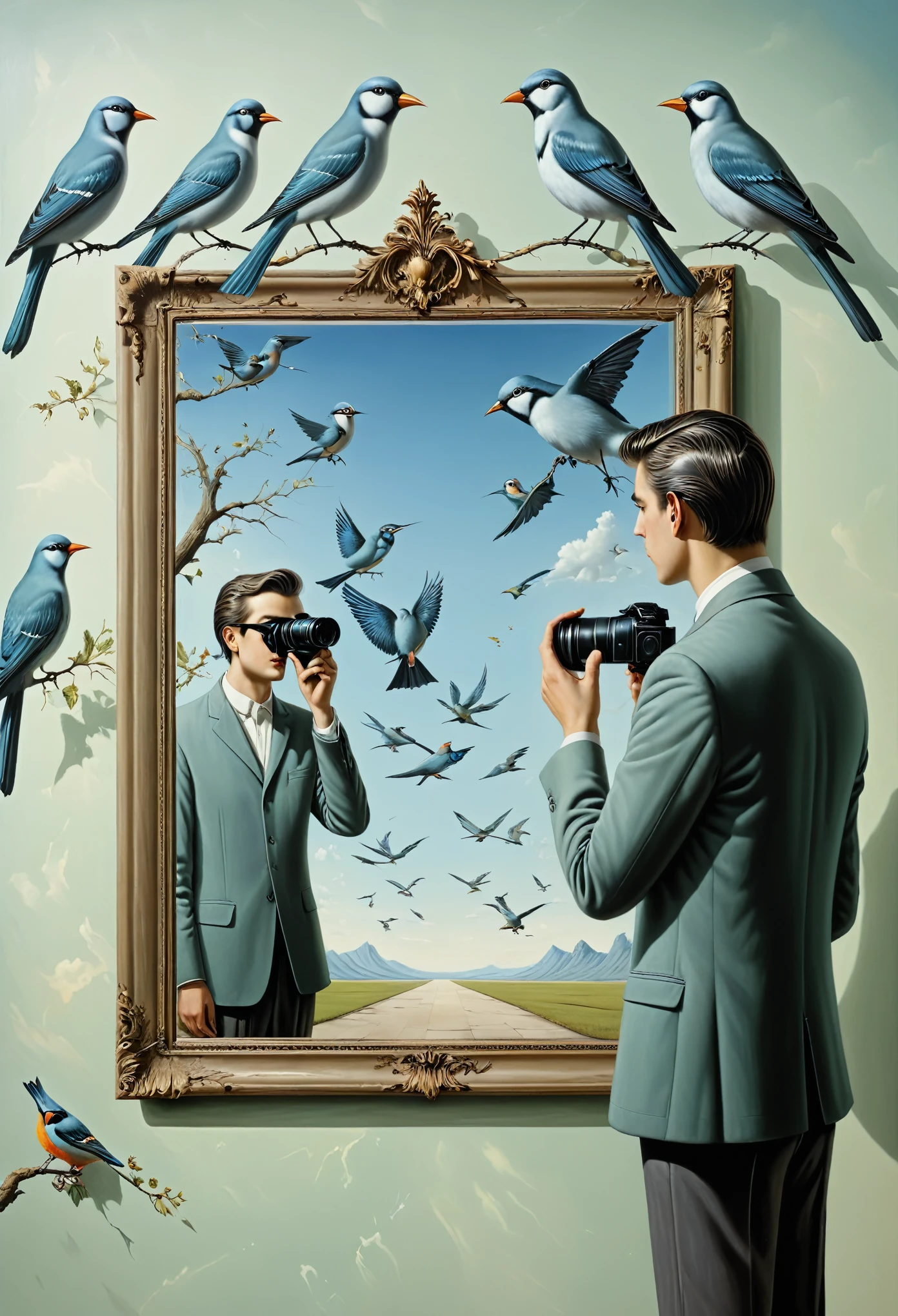 man photographing himself in the mirror, birds  - surrealist style, surrealist artwrok, dream like, highly detailed, masterpiece, painting-like, HD