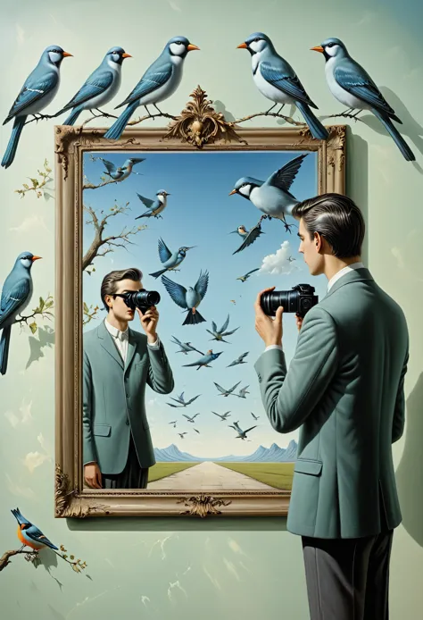 man photographing himself in the mirror, birds  - surrealist style, surrealist artwrok, dream like, highly detailed, masterpiece...