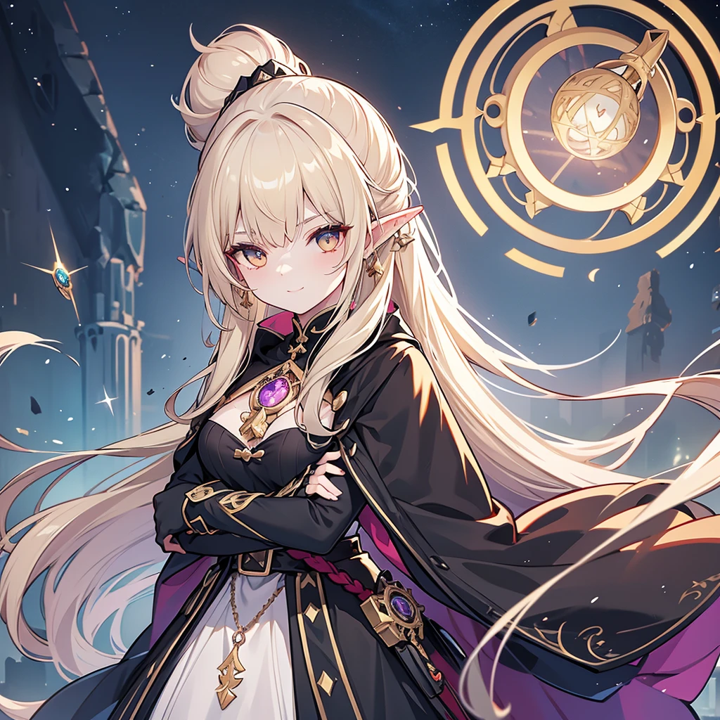 Eye patch、Witch costume、elf、grimoire、magic circle、Long Hair, chest, Blonde, ponytail, Pointy Ears, best quality, Snap your fingers、One Woman, Detailed face, Soft Lighting, Soft Light, Soft Focus, Perfect Face, Beautiful and accurate anatomy, Expose too much, 8k, 4K, (High resolution:1.1), Best Quality, (masterpiece:1.3), One girl, alone, jewelry, brown eyesSee viewers, Earrings on only one ear、Beautiful woman、Medieval streetscape、Night view、Shining magic circle、Arms crossed、Black clothes、A fearless smile、Intimidating look、深いスリット