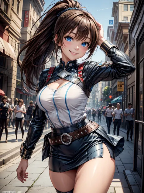 ultra-high resolution cg unity 8k wallpaper, beautiful features、((brown hair、ponytail: 1. 5)), ((blue eyes:1.3)), ((smile:1.4)),...