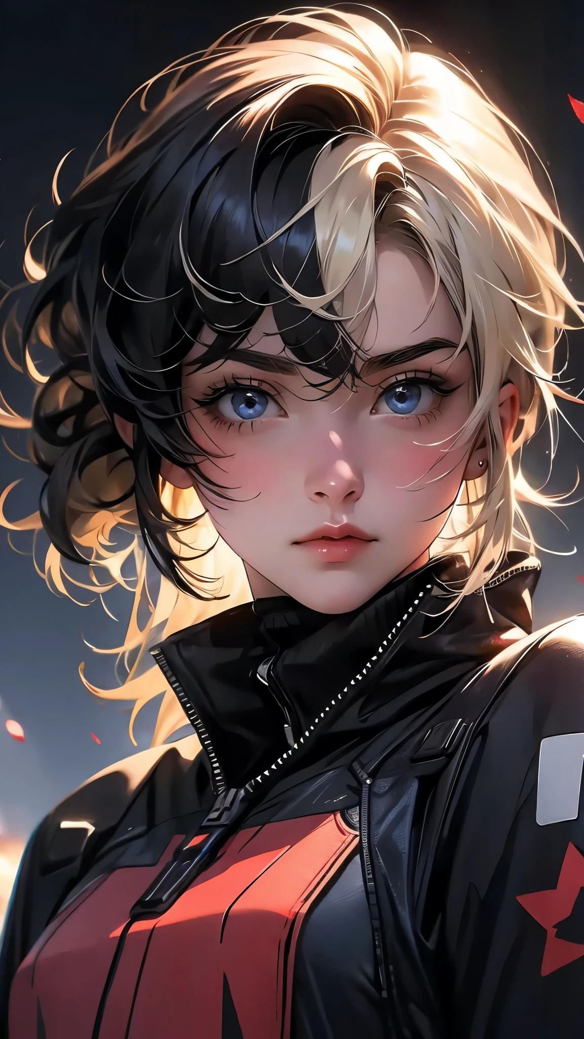 ((Masterpiece)), envision a 8k, highres, cinematic, extremely beautiful semi realistic close up portrait of a beautiful girl with a strong face, slender body, ((choppy blonde hair)), twin tails, black hair, multicolored hair, side locks, choppy bangs, round face, long sweeping bangs, red eyes, soft lips, lip gloss, thick eyebrows, round face, jacket, shirt, techwear, superhero suit,, ((((1girl)))), in dark lighting, against a dark gray background