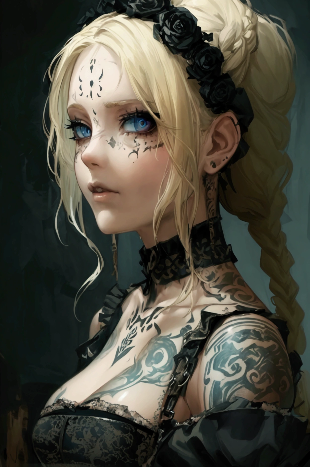 Clear and detailed facial features, beautiful woman, blonde hair, braided, elegant gothic make-up, large expressive eyes, intricate tattoos, wearing a disheveled gothic-style corset minidress, shoulder straps, half jacket, falling off ahoulders, beautiful features, exquisite design, stunning artwork 