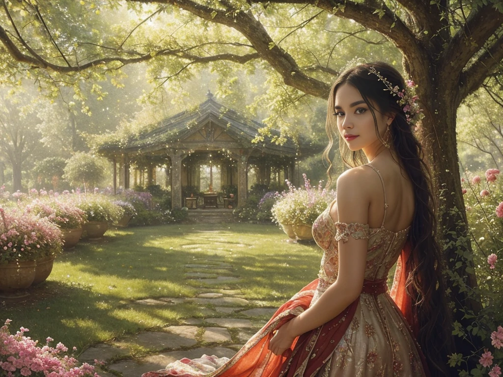 A girl with long flowing hair, wearing a flowing dress, standing in a magnificent garden. Her eyes are filled with determination and her lips are delicately detailed. The garden is filled with vibrant colors of blooming flowers and lush greenery. The sunlight peeks through the branches, casting a soft and warm glow on the girl's face. The scene is captured in an oil painting style, with rich textures and brushstrokes bringing the garden to life. The image quality is of the highest level, with ultra-detailed elements and a realistic and photorealistic representation. The colors are vivid and vibrant, enhancing the overall beauty of the scene. The lighting is carefully composed, with a balance between highlights and shadows, creating depth and dimension. This artwork is a masterpiece, showcasing the artist's talent and skill.