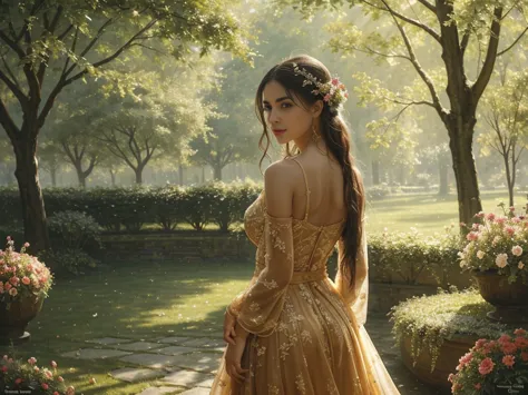 a girl with long flowing hair, wearing a flowing dress, standing in a magnificent garden. her eyes are filled with determination...