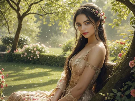 a girl with long flowing hair, wearing a flowing dress, standing in a magnificent garden. her eyes are filled with determination...