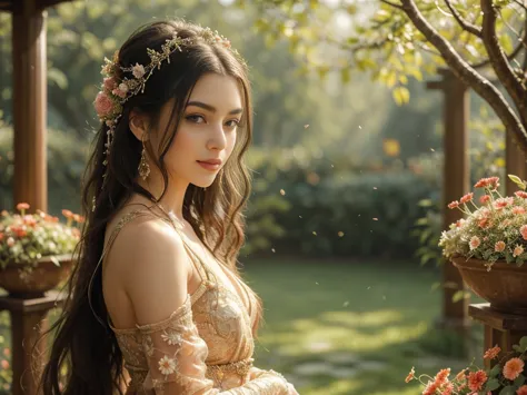 a girl with long flowing hair, wearing a flowing dress, standing in a magnificent garden. her eyes are filled with determination...