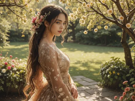 a girl with long flowing hair, wearing a flowing dress, standing in a magnificent garden. her eyes are filled with determination...