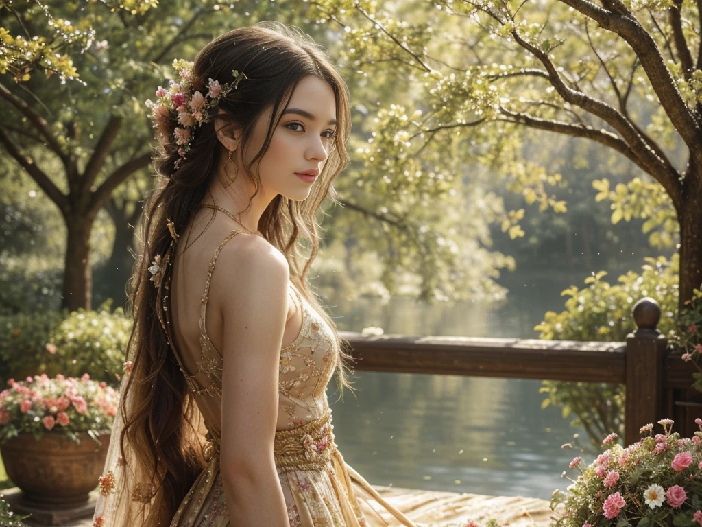 A girl with long flowing hair, wearing a flowing dress, standing in a magnificent garden. Her eyes are filled with determination and her lips are delicately detailed. The garden is filled with vibrant colors of blooming flowers and lush greenery. The sunlight peeks through the branches, casting a soft and warm glow on the girl's face. The scene is captured in an oil painting style, with rich textures and brushstrokes bringing the garden to life. The image quality is of the highest level, with ultra-detailed elements and a realistic and photorealistic representation. The colors are vivid and vibrant, enhancing the overall beauty of the scene. The lighting is carefully composed, with a balance between highlights and shadows, creating depth and dimension. This artwork is a masterpiece, showcasing the artist's talent and skill.