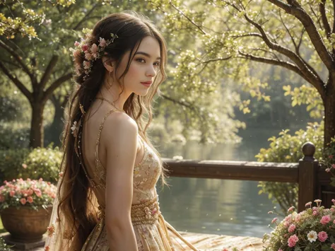 a girl with long flowing hair, wearing a flowing dress, standing in a magnificent garden. her eyes are filled with determination...