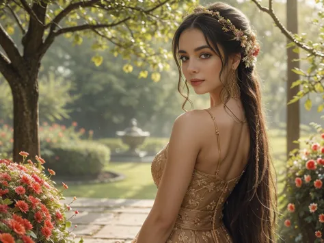 a girl with long flowing hair, wearing a flowing dress, standing in a magnificent garden. her eyes are filled with determination...