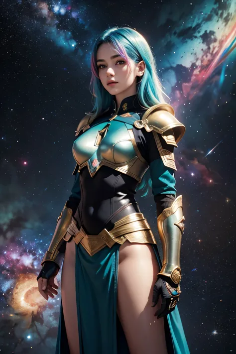 women with rainbow colored hair and teal detailed armor, standing, rainbow colorful cosmic nebula background, estrelas, galaxies...