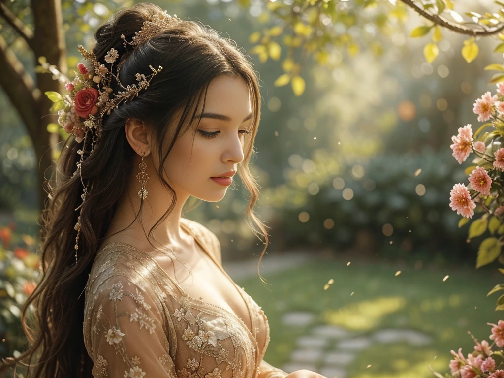 A girl with long flowing hair, wearing a flowing dress, standing in a magnificent garden. Her eyes are filled with determination and her lips are delicately detailed. The garden is filled with vibrant colors of blooming flowers and lush greenery. The sunlight peeks through the branches, casting a soft and warm glow on the girl's face. The scene is captured in an oil painting style, with rich textures and brushstrokes bringing the garden to life. The image quality is of the highest level, with ultra-detailed elements and a realistic and photorealistic representation. The colors are vivid and vibrant, enhancing the overall beauty of the scene. The lighting is carefully composed, with a balance between highlights and shadows, creating depth and dimension. This artwork is a masterpiece, showcasing the artist's talent and skill.