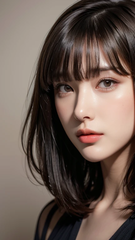 (Realistic:1.5),(One 30-year-old woman),Ultra-realistic faces,Detailed face,Realistic Skin,Detailed skin,(bangs:1.5),Ultra short hair,Slim body,Model Body,Sheets