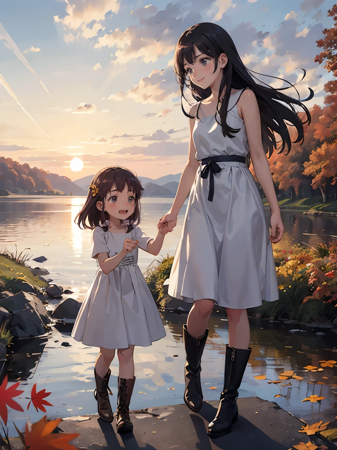 masterpiece，Best Quality，High image quality，(Superflat, Flat Shading )，Fisheye Lens，Beautiful petite trained young mother and very cute trained daughter:1.25，(naked)，Long Hair, boots, smile, smile, White Breath，fun, play, Autumn, autumn leaves，At dusk，Beautiful sunset，Wide angle, Vibrant colors, watercolor, Ghibli style，Strong winds，Girl&#39;s Temptation，