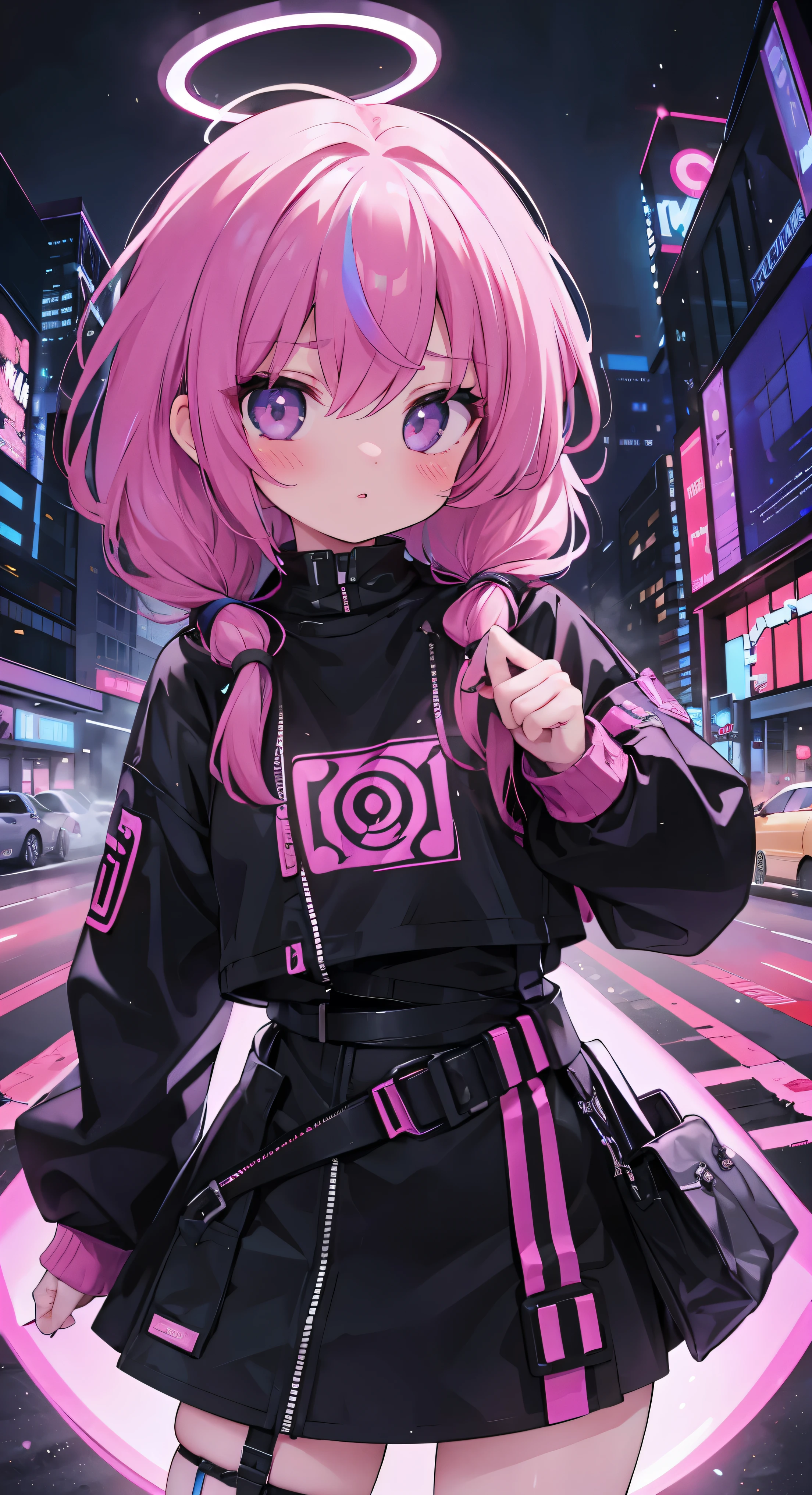 1girl,Creative hair,Rainbow Hair,City streets,fisheye,neon cold lighting, cyberpunk, blush, Waist Shot,Detailed face details,dynamic pose, rim lights,