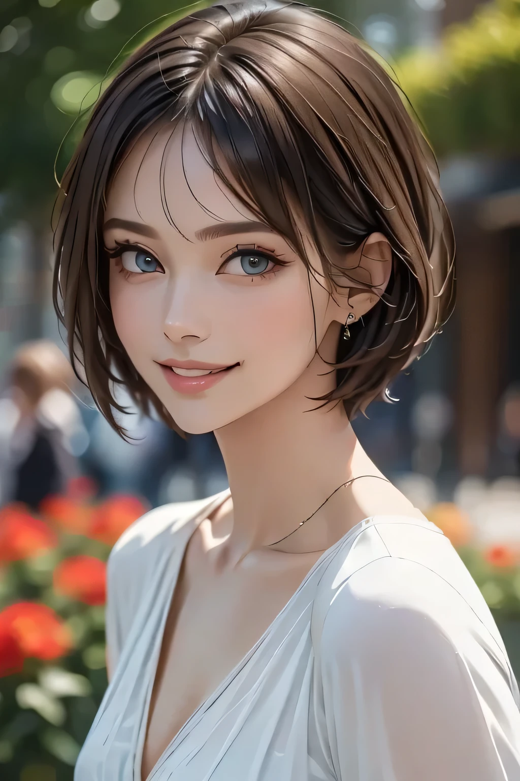 (Best Quality,4K,8k,High resolution,masterpiece:1.2),Super detailed,(Realistic,photoRealistic,photo-Realistic:1.37),Detailed and beautiful eyes,Rich and beautiful lips,Detailed eyes and face,Long eyelashes,[garden, Bright colors,Soft natural light,Romantic atmosphere,Bright flowers, loose fitting dress,Feminine and graceful pose,Happy and confident look, High Fashion Style, Dreamy landscape, fine art portraiture, Art print quality, Oil painting techniques, Impressionist style.Smiling with mouth closed, (Cowboy Shot)