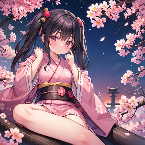 (masterpiece), best quality, one girl, alone, a girl wearing pink kimono laying down on top of a tree with cherry blossoms at ni...