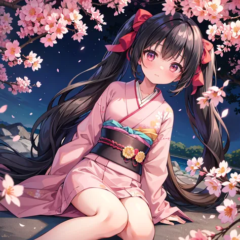 (masterpiece), best quality, one girl, alone, a girl wearing pink kimono laying down on top of a tree with cherry blossoms at ni...