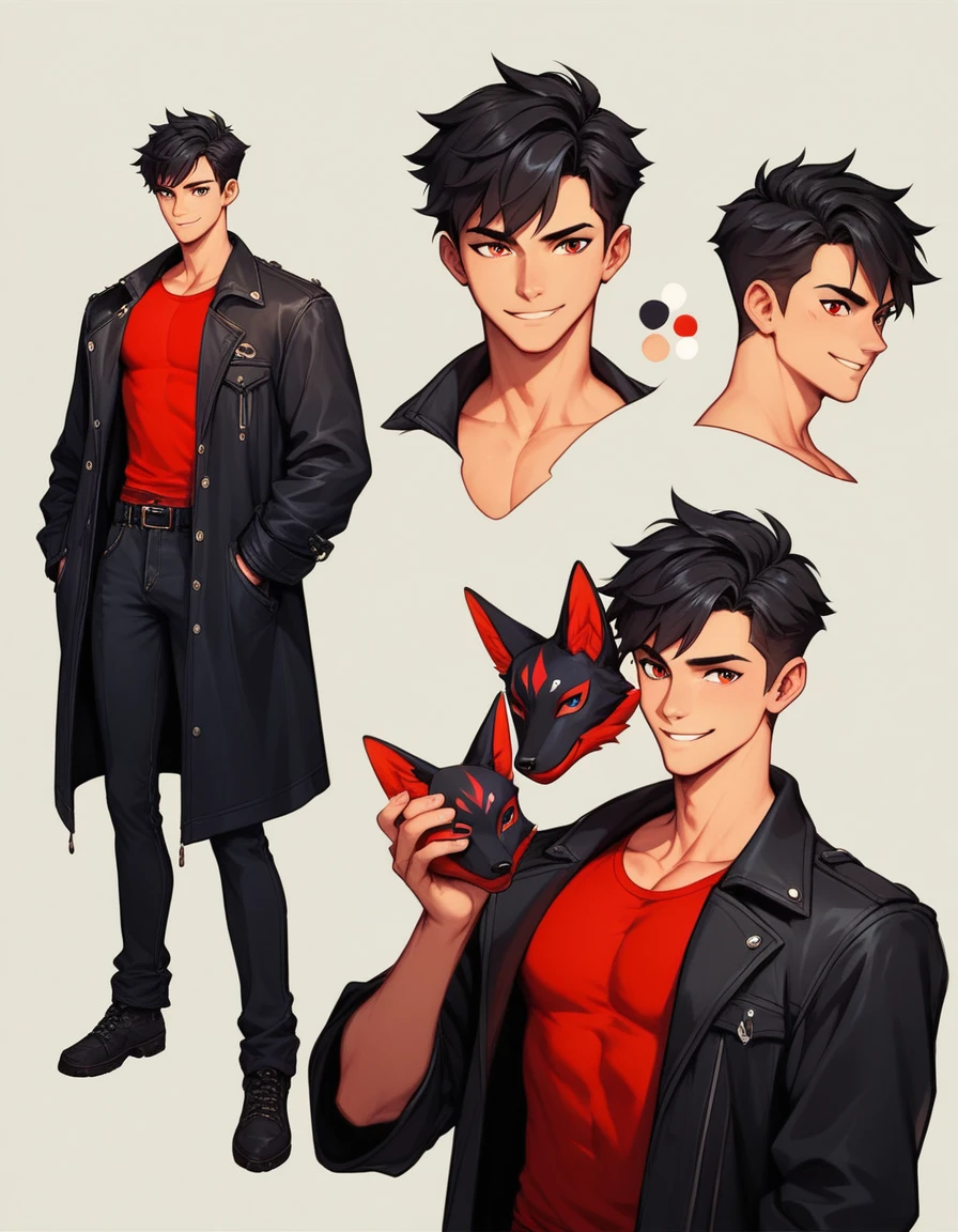 Human Male , Black hair Style , Red shirt , Black Coat ,  holding kitsune mask ,nervous smile ,background,character sheet , concept art 