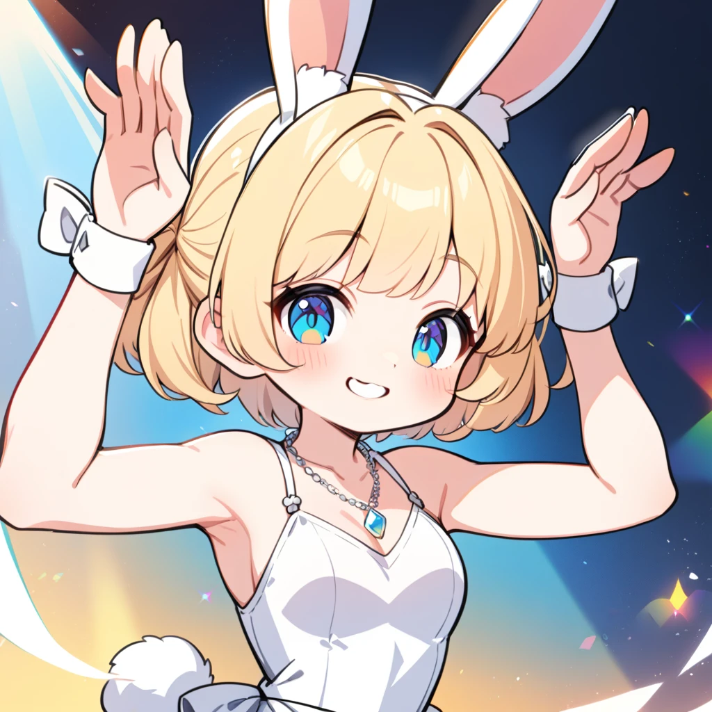 1 girl, solo, upper body, (rabbit pose:1.5), blonde pixie cut, Azure eyes. cute shyness smile, blush, silver necklace, furry white dress