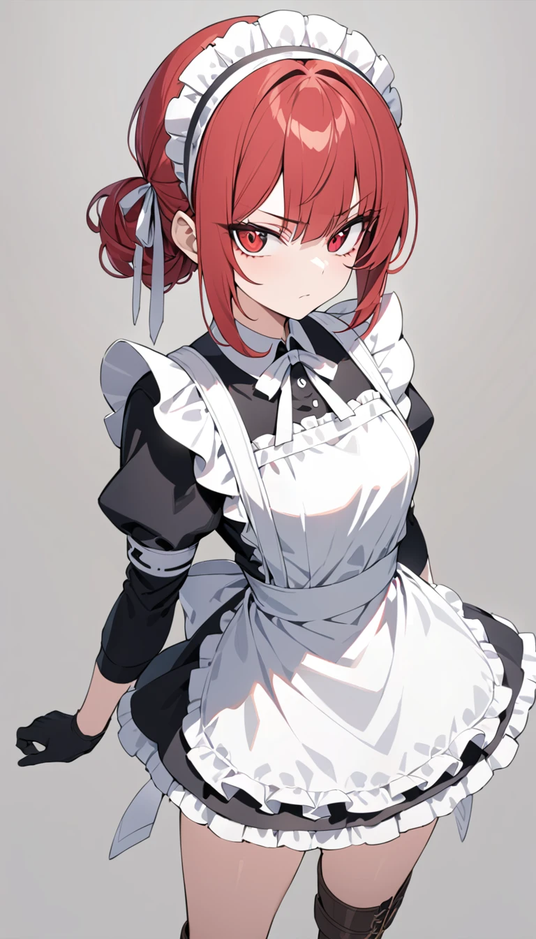 (masterpiece, best quality, super detailed, beautiful eyes beautiful details eyes, Clean and delicate face), solo, (Red bob hair, red eyes), (maid costume, white maid headband), thigh, black gloves, army boots, (whole body, standing posture, glaring at the viewer), simple background