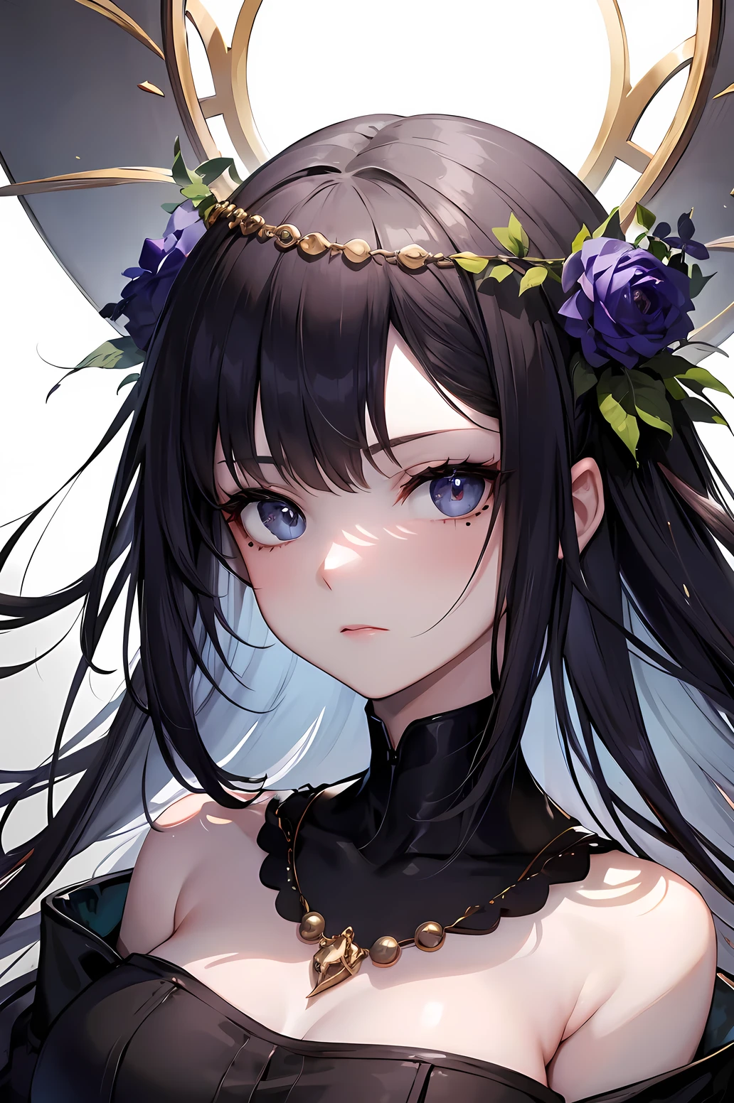 ((best quality)), ((masterpiece)), (detailed), perfect face, high detailed eyes, bangs, messy hair, hair spread out, floating hair, 1 lady, solo, bead necklace, head wreath, mole under eye, Gothic art, ray tracing, reflection light, beautiful lady, Lift her chin up, Look up, face in profile, ((Sidelong glance)), Low gauge knitwear, Looking sideways at the viewer, bust shot, head-and-shoulders shot