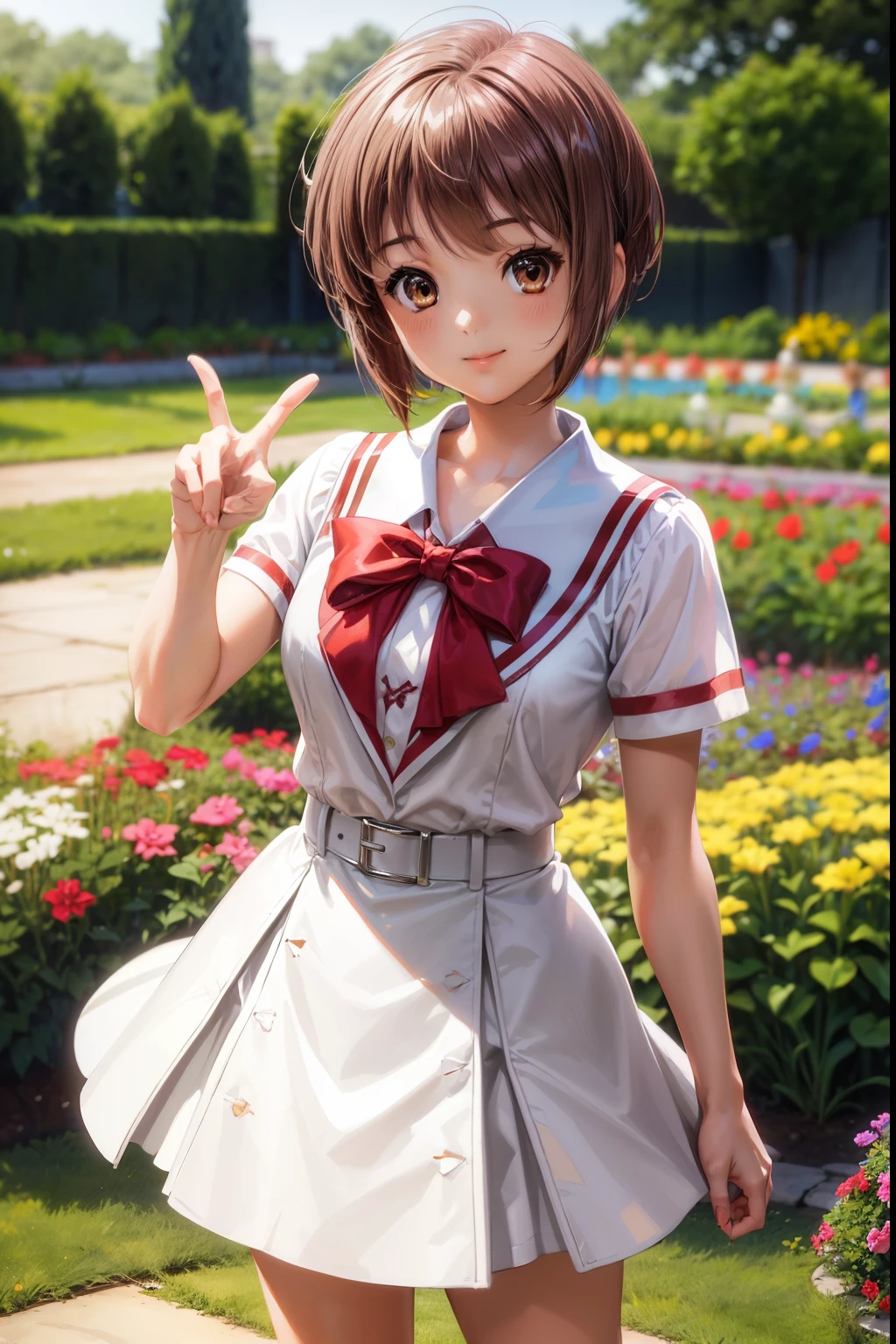  1girl, solo, brown hair, brown eyes, short hair, bangs, Short sleeve shirt, white shirt, short skirt,white skirt, white skirt, red bow tie,standing in garden,close up photo,smile,cute pose