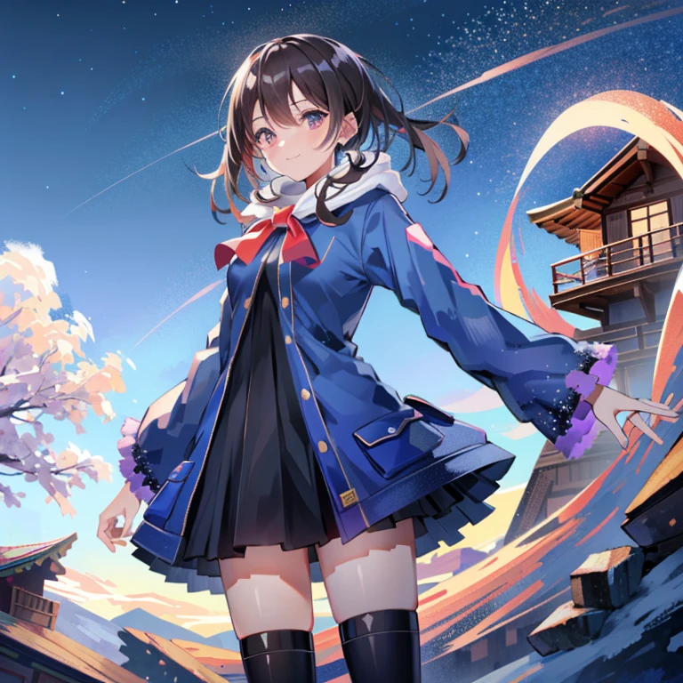 Nene Kasaki々、Shiny brown hair, short hair, (Beautiful brown eyes、Shining Eyes, fine grain)、smile、Very detailed eyes、Highly detailed face, Highly detailed eyes, Night sky above the hills. winter, winter colors, winter landscape, Starry Sky, Sky color Prussian blue Cobalt blue Purple Cyan. Planet, Bright Star, meteor, Tree tops swaying in the wind, thre beautiful girl in winter clothes observes the starry sky with a dreamy look.