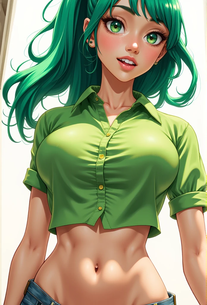 Comic style of a beautiful girl with green hair, pony tail, very tight green button shirt, very small waist, round boobs