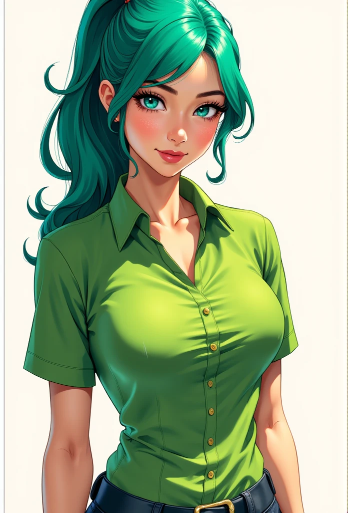 Comic style of a beautiful girl with green hair, pony tail, very tight green button shirt, very small waist, round boobs