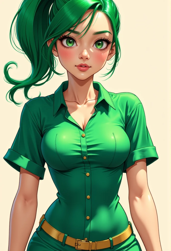 Comic style of a beautiful girl with green hair, pony tail, very tight green button shirt, very small waist, round boobs