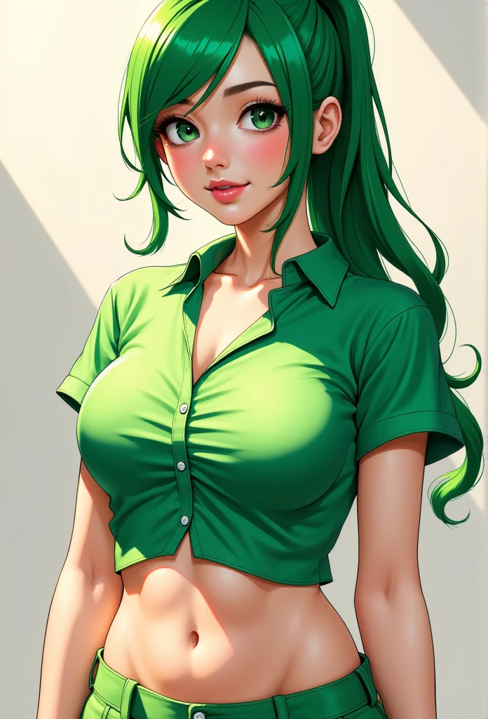 Comic style of a beautiful girl with green hair, pony tail, very tight green button shirt, very small waist, round boobs