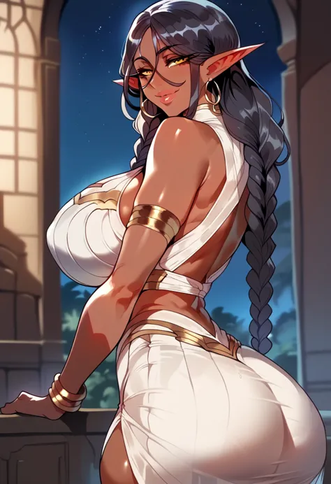 black hair,dark elf, smiling, sexy pose, garyu, dark skin, thick thighs, big breasts, big ass, looking at viewer, braided hair, ...